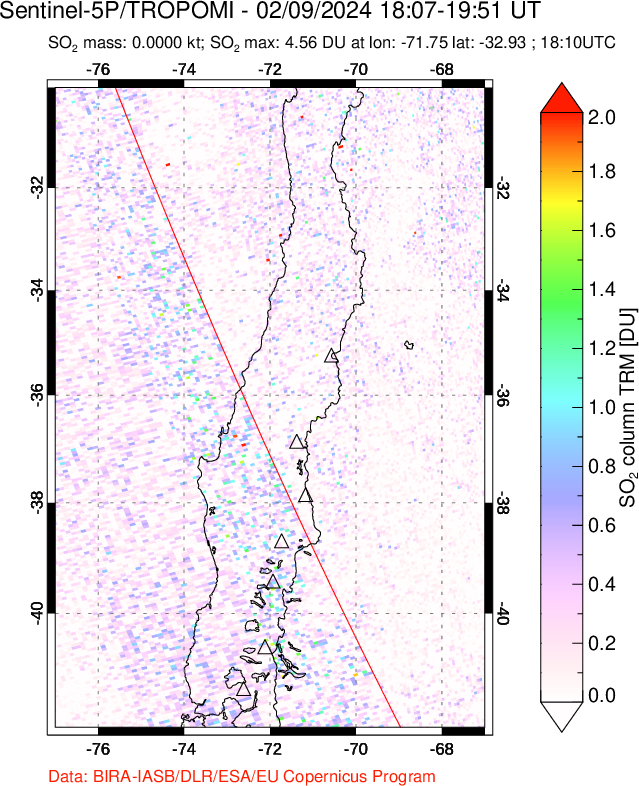 A sulfur dioxide image over Central Chile on Feb 09, 2024.