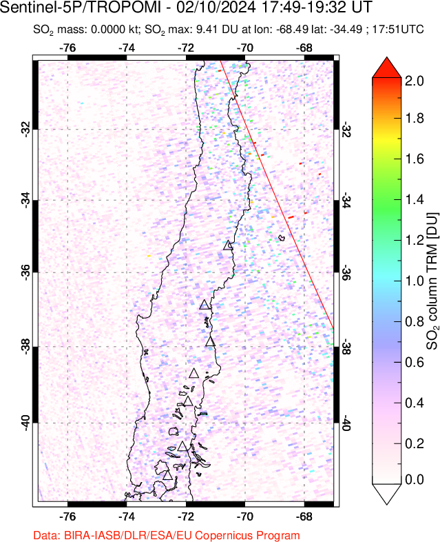 A sulfur dioxide image over Central Chile on Feb 10, 2024.