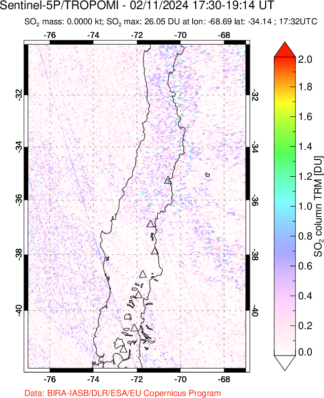 A sulfur dioxide image over Central Chile on Feb 11, 2024.