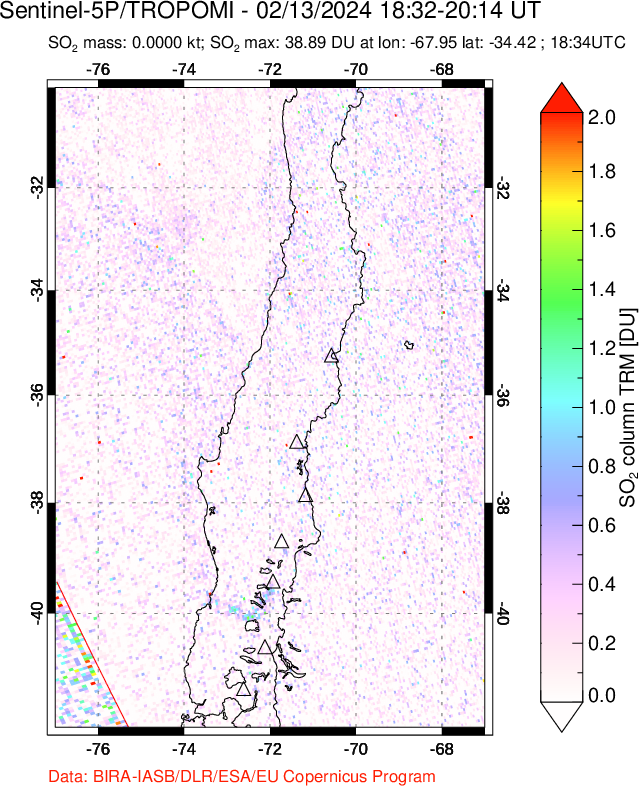 A sulfur dioxide image over Central Chile on Feb 13, 2024.