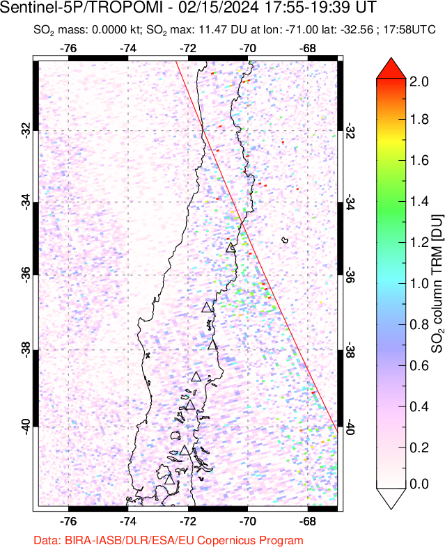 A sulfur dioxide image over Central Chile on Feb 15, 2024.