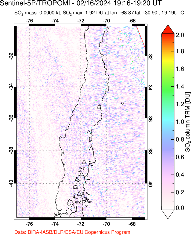 A sulfur dioxide image over Central Chile on Feb 16, 2024.