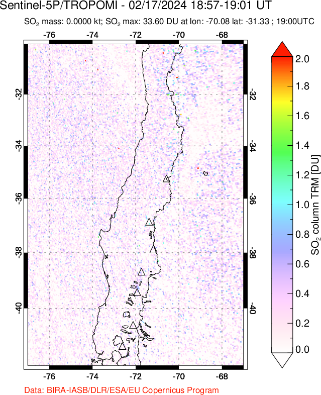 A sulfur dioxide image over Central Chile on Feb 17, 2024.