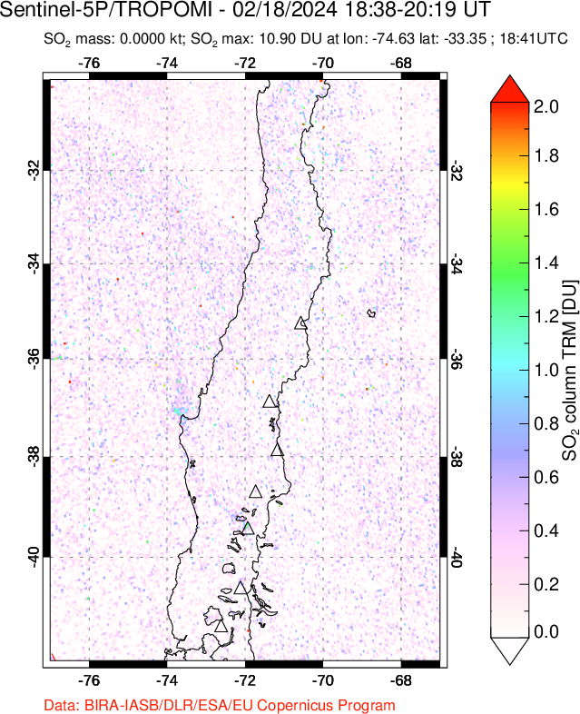 A sulfur dioxide image over Central Chile on Feb 18, 2024.