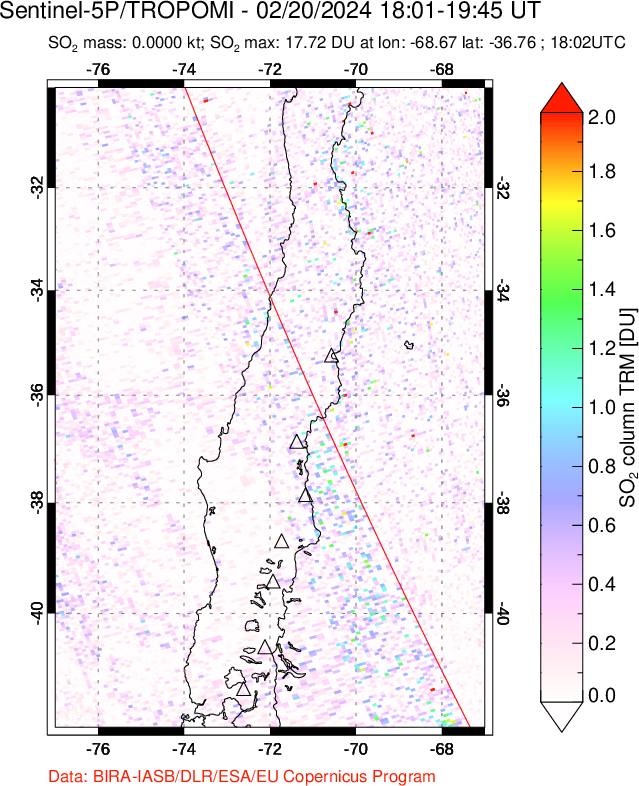 A sulfur dioxide image over Central Chile on Feb 20, 2024.