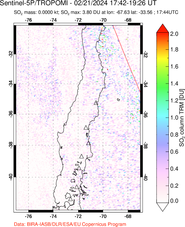 A sulfur dioxide image over Central Chile on Feb 21, 2024.