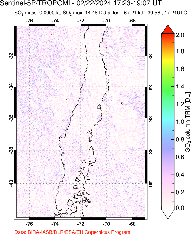 A sulfur dioxide image over Central Chile on Feb 22, 2024.