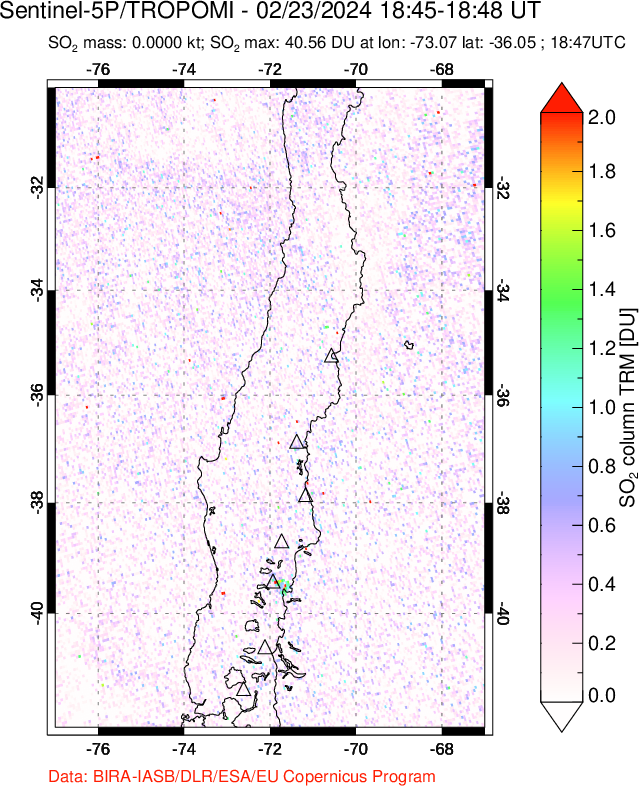 A sulfur dioxide image over Central Chile on Feb 23, 2024.