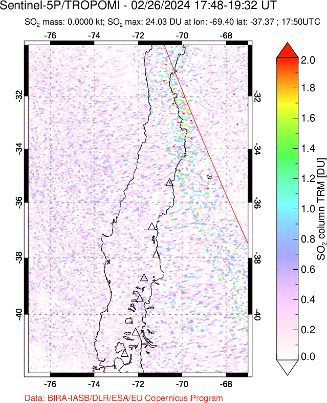 A sulfur dioxide image over Central Chile on Feb 26, 2024.