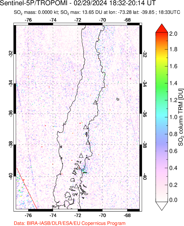 A sulfur dioxide image over Central Chile on Feb 29, 2024.