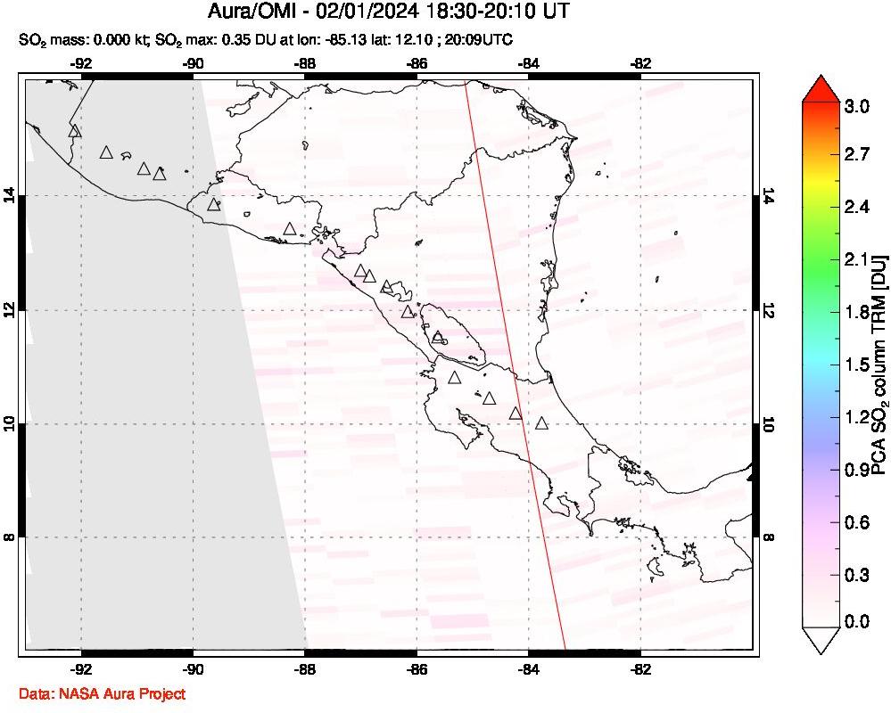 A sulfur dioxide image over Central America on Feb 01, 2024.