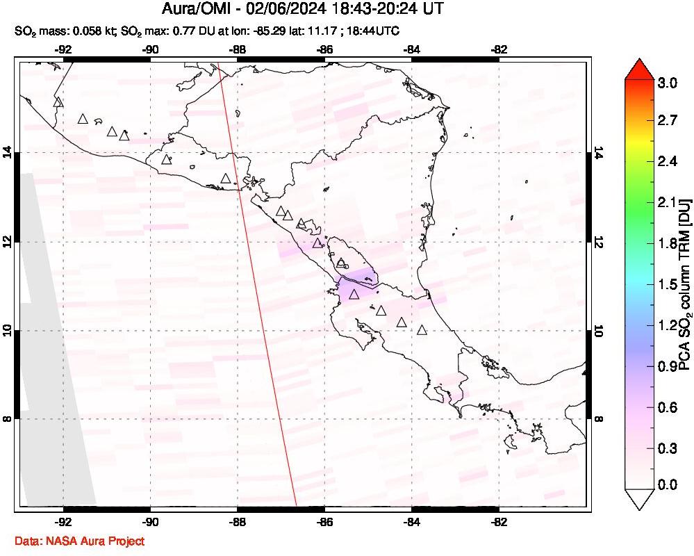 A sulfur dioxide image over Central America on Feb 06, 2024.