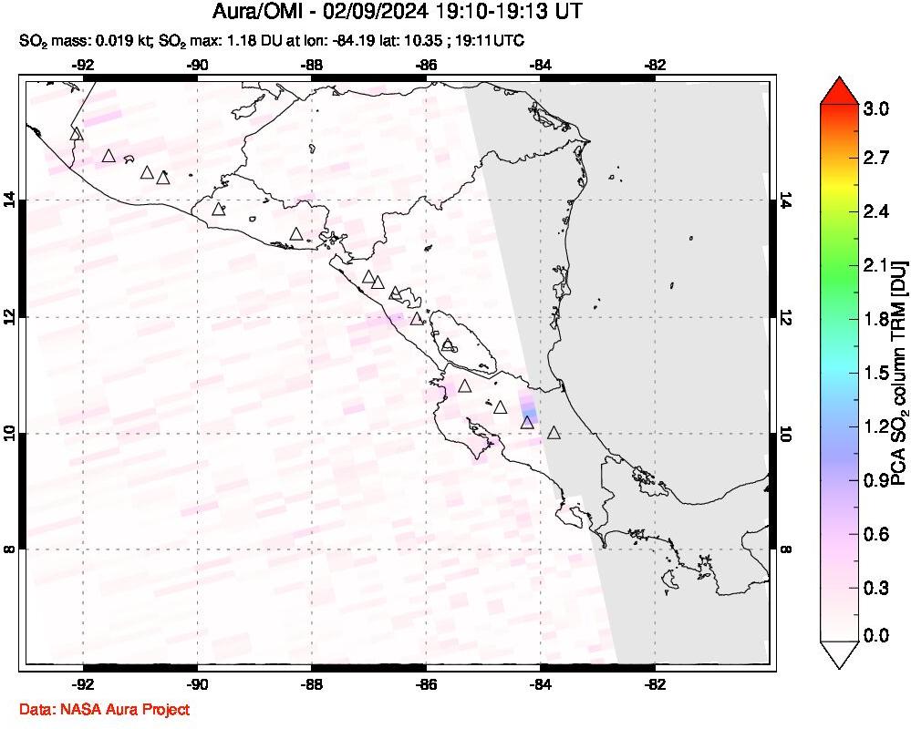 A sulfur dioxide image over Central America on Feb 09, 2024.
