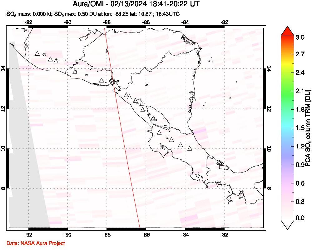 A sulfur dioxide image over Central America on Feb 13, 2024.