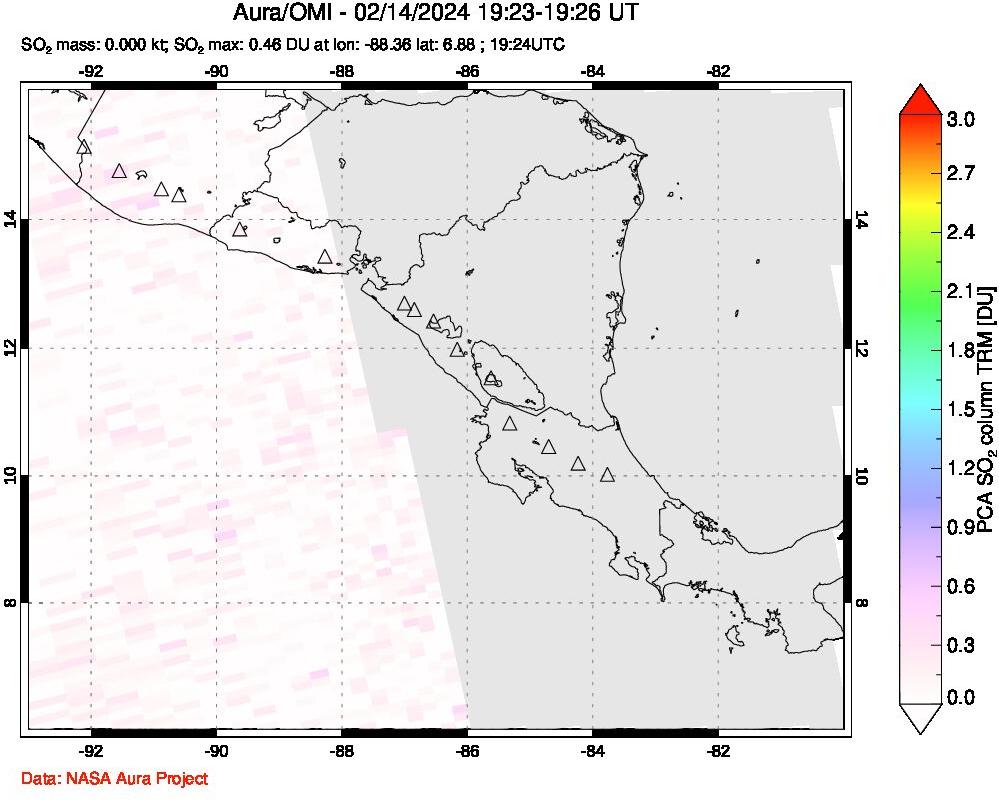 A sulfur dioxide image over Central America on Feb 14, 2024.