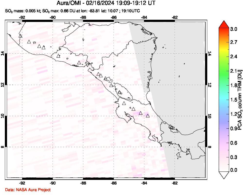 A sulfur dioxide image over Central America on Feb 16, 2024.