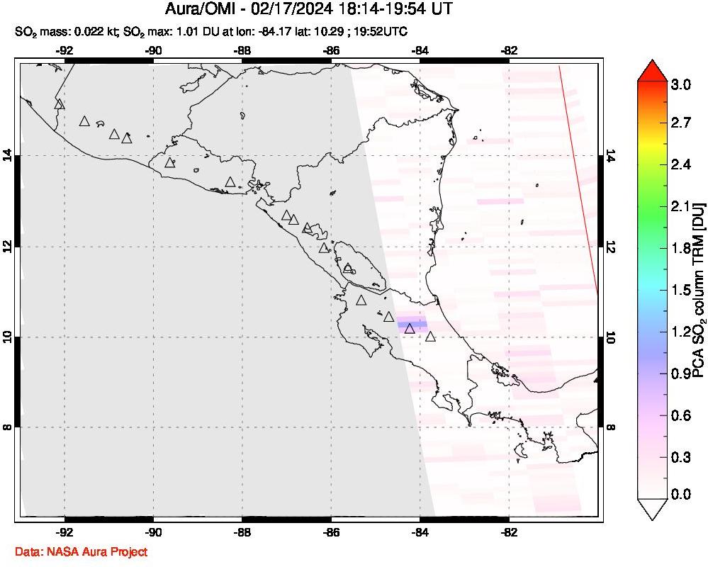 A sulfur dioxide image over Central America on Feb 17, 2024.