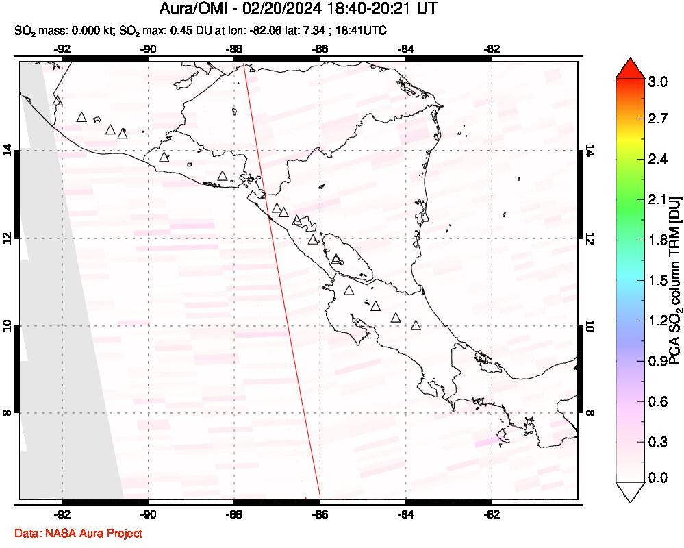 A sulfur dioxide image over Central America on Feb 20, 2024.