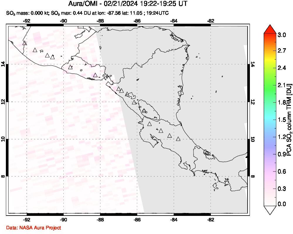 A sulfur dioxide image over Central America on Feb 21, 2024.