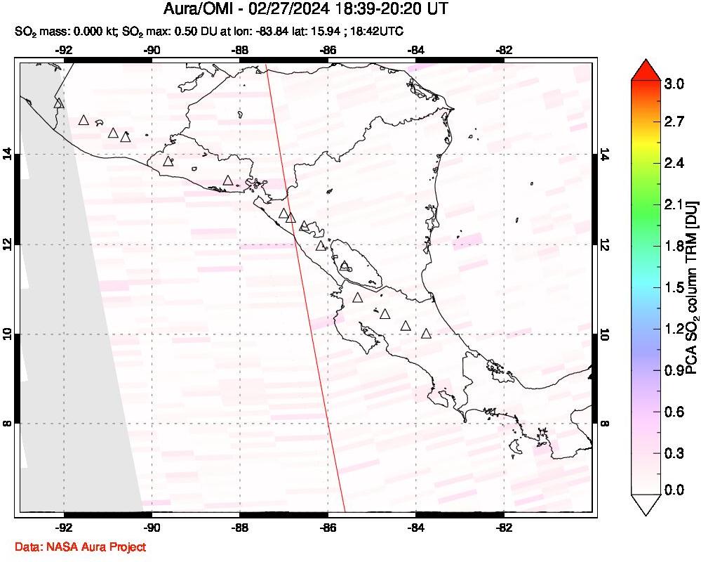 A sulfur dioxide image over Central America on Feb 27, 2024.