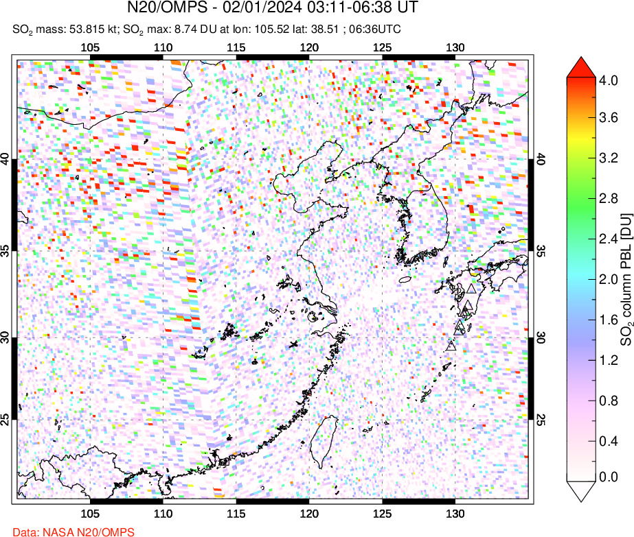 A sulfur dioxide image over Eastern China on Feb 01, 2024.