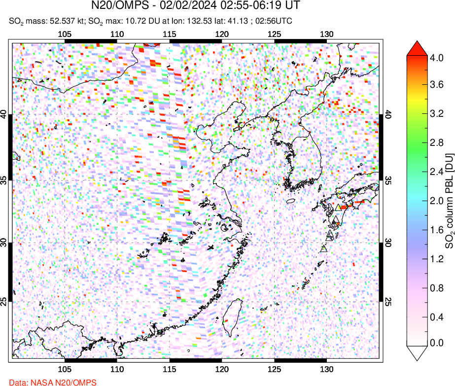 A sulfur dioxide image over Eastern China on Feb 02, 2024.