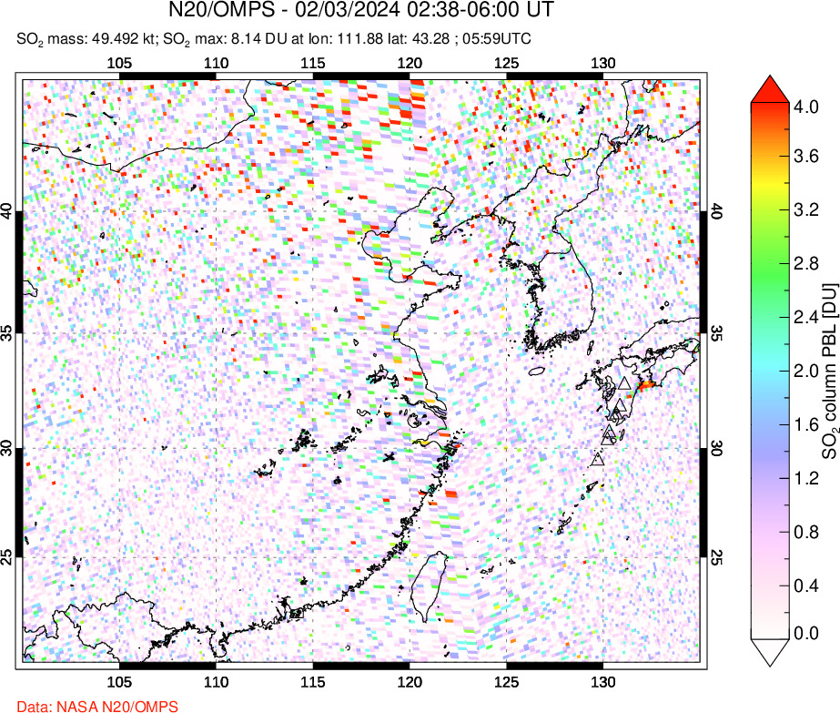 A sulfur dioxide image over Eastern China on Feb 03, 2024.