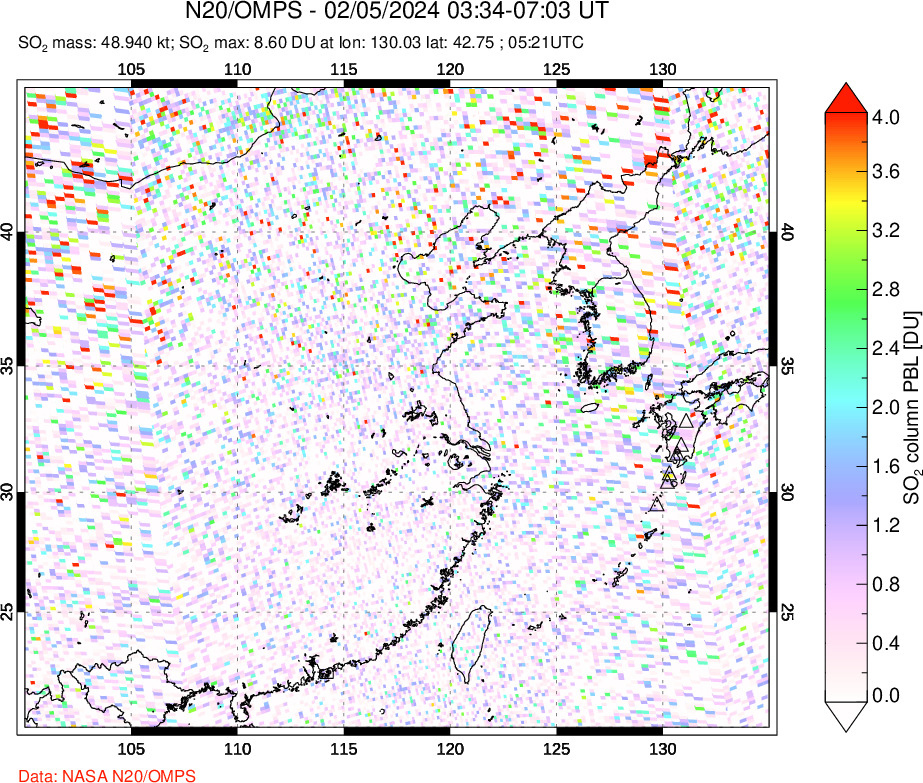 A sulfur dioxide image over Eastern China on Feb 05, 2024.