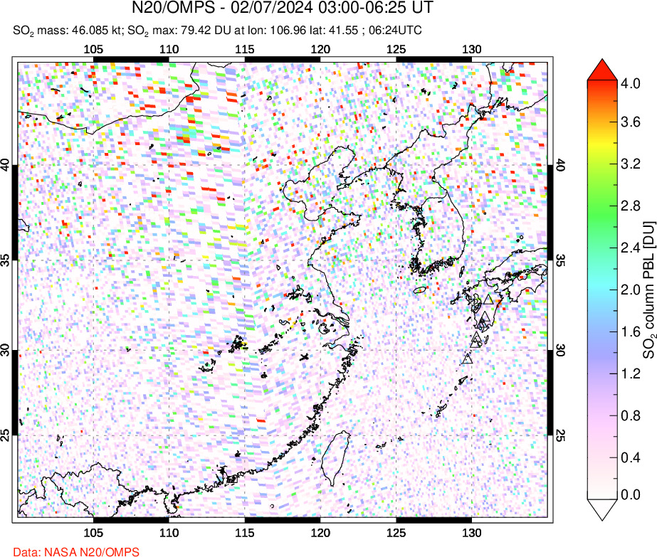 A sulfur dioxide image over Eastern China on Feb 07, 2024.