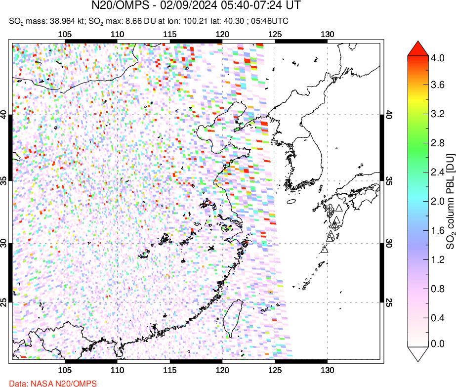 A sulfur dioxide image over Eastern China on Feb 09, 2024.