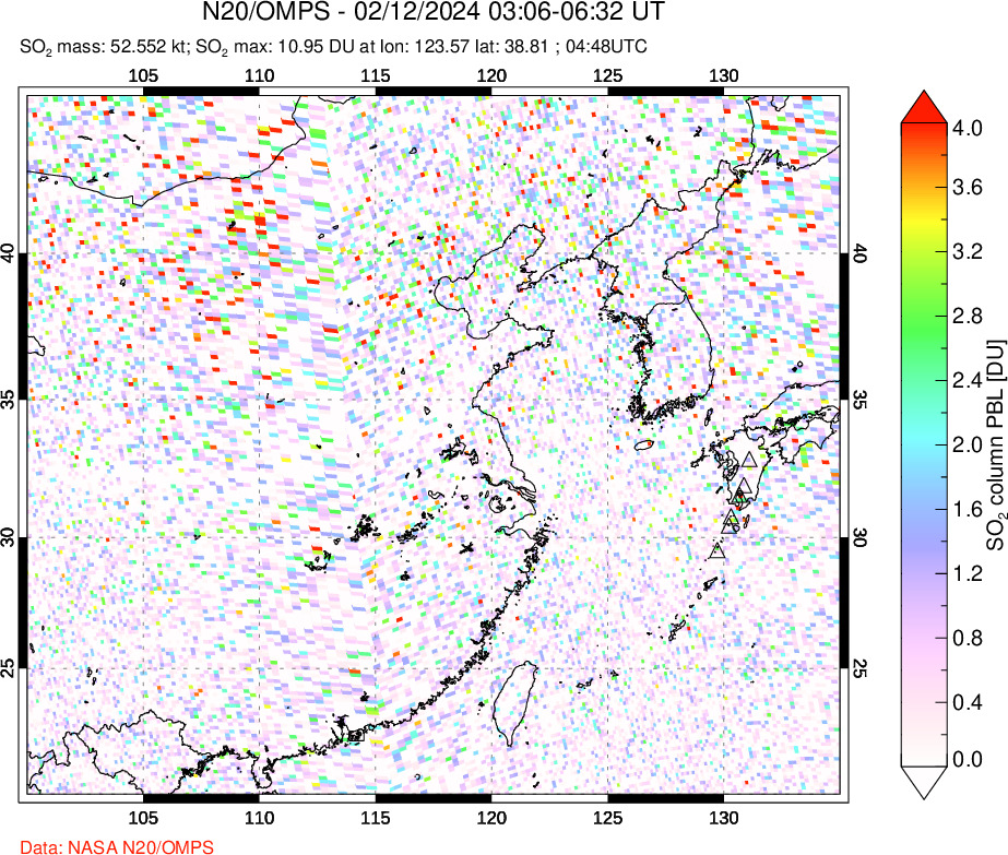 A sulfur dioxide image over Eastern China on Feb 12, 2024.