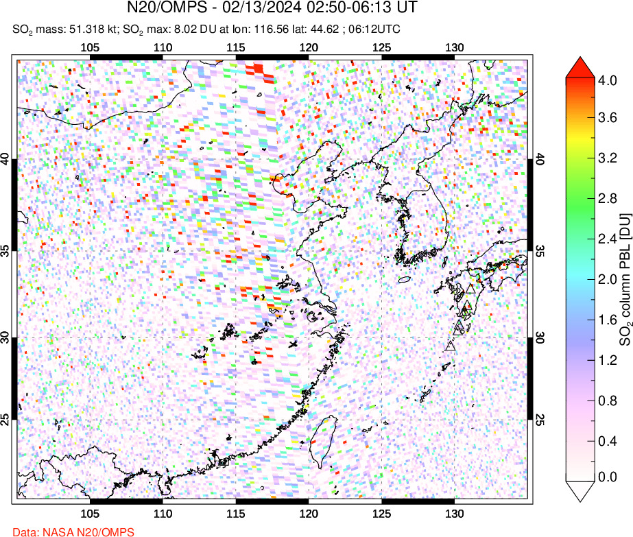 A sulfur dioxide image over Eastern China on Feb 13, 2024.