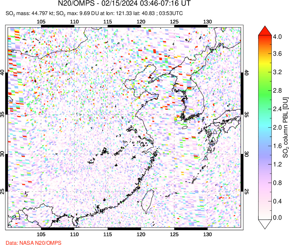 A sulfur dioxide image over Eastern China on Feb 15, 2024.