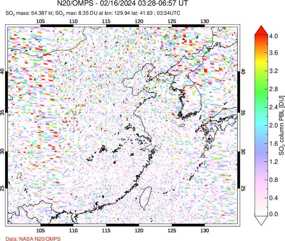 A sulfur dioxide image over Eastern China on Feb 16, 2024.