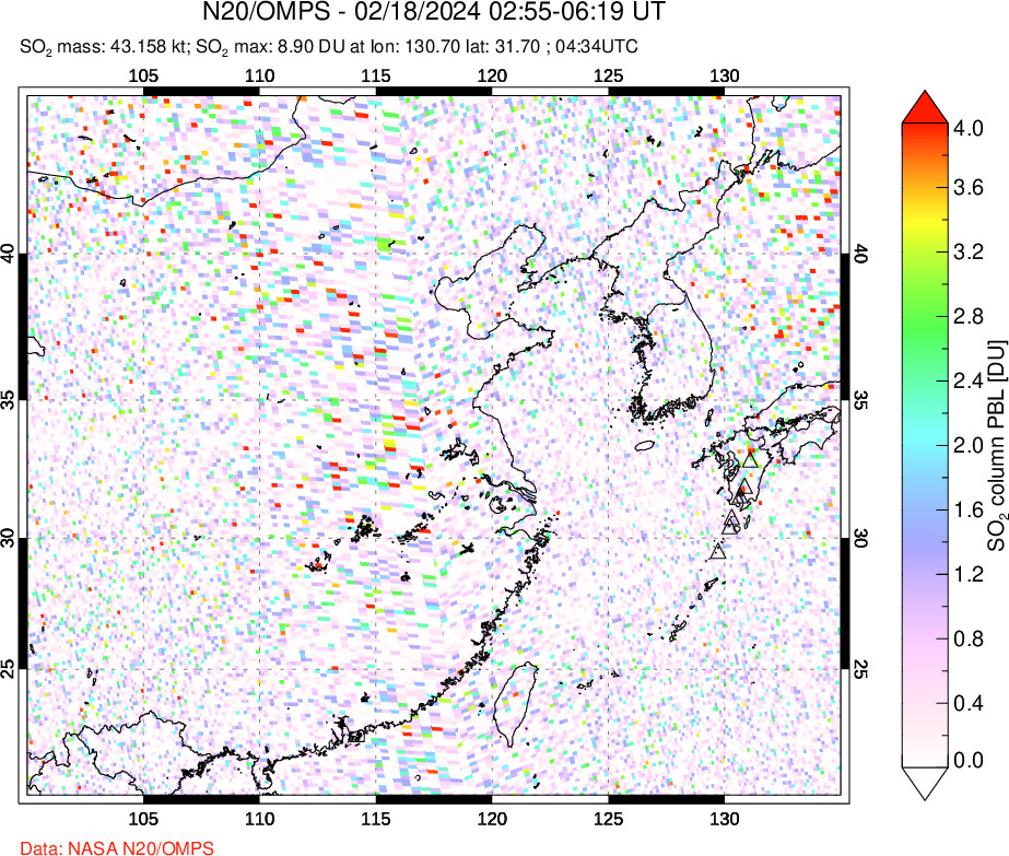 A sulfur dioxide image over Eastern China on Feb 18, 2024.