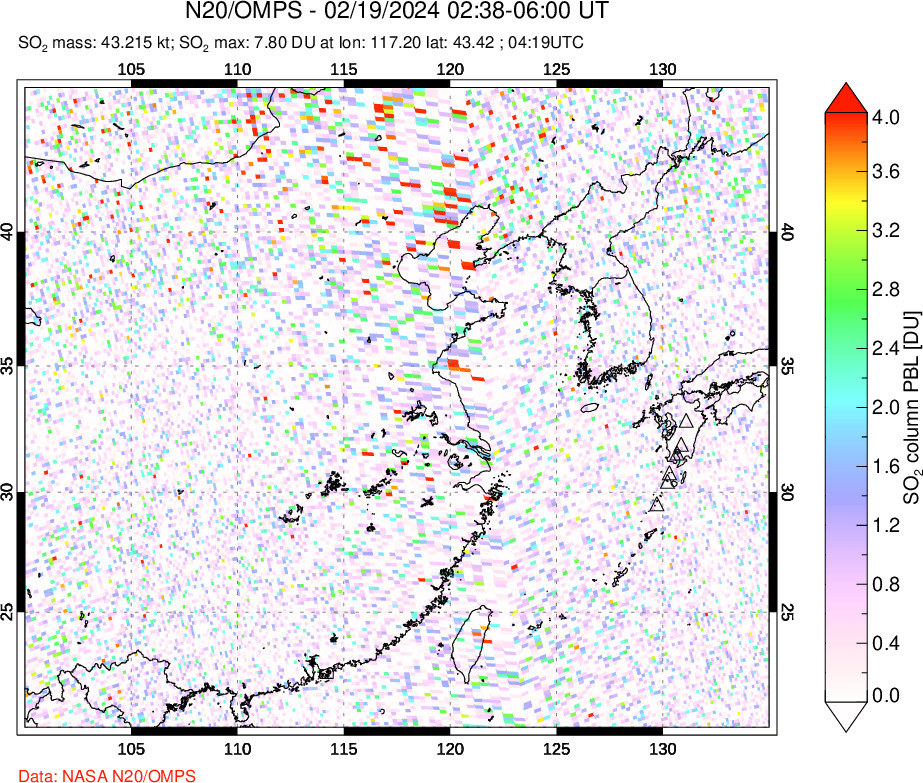 A sulfur dioxide image over Eastern China on Feb 19, 2024.