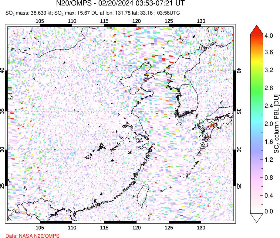 A sulfur dioxide image over Eastern China on Feb 20, 2024.