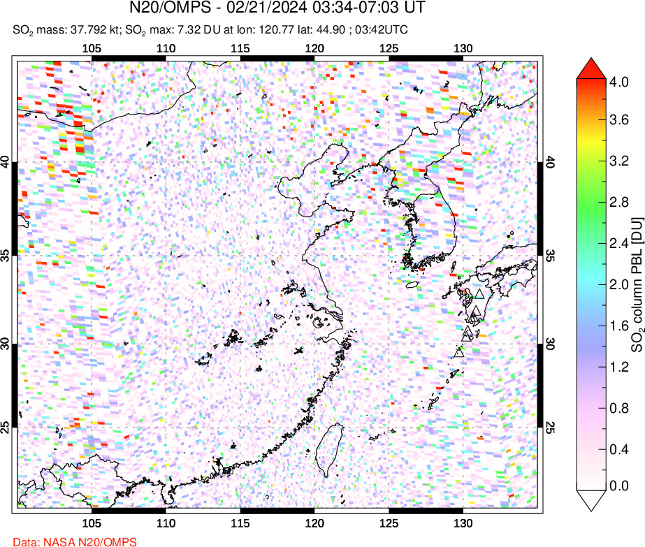 A sulfur dioxide image over Eastern China on Feb 21, 2024.