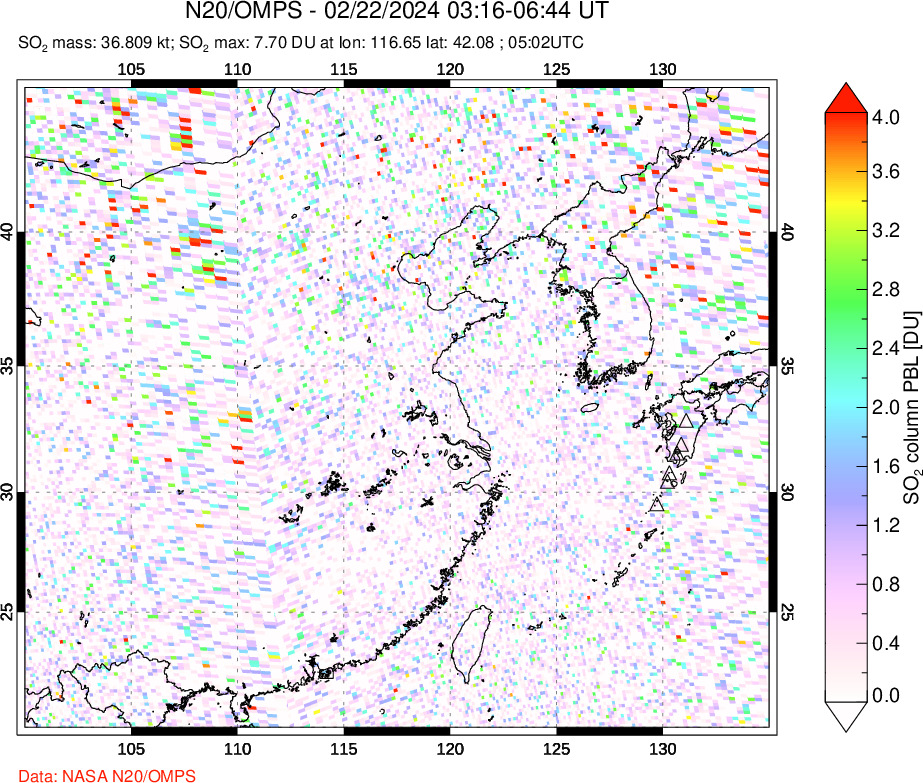 A sulfur dioxide image over Eastern China on Feb 22, 2024.