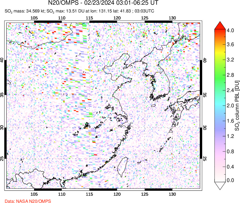 A sulfur dioxide image over Eastern China on Feb 23, 2024.