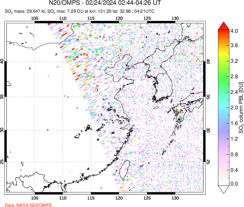 A sulfur dioxide image over Eastern China on Feb 24, 2024.