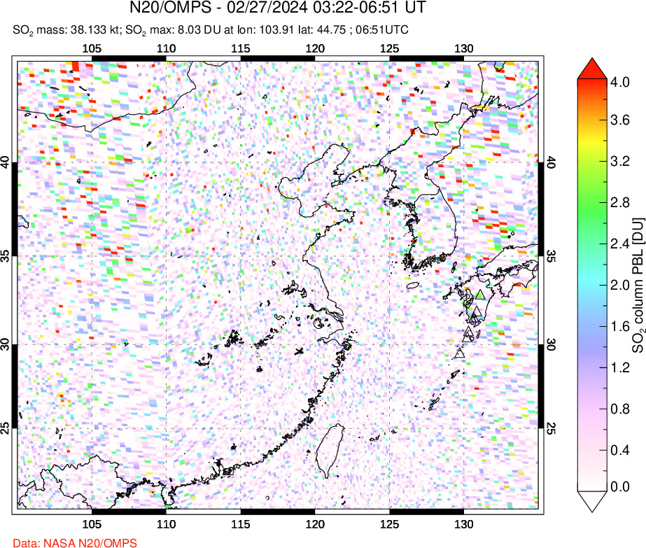 A sulfur dioxide image over Eastern China on Feb 27, 2024.