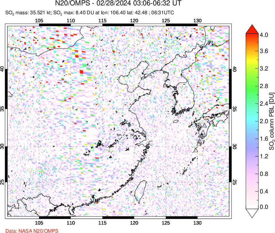 A sulfur dioxide image over Eastern China on Feb 28, 2024.