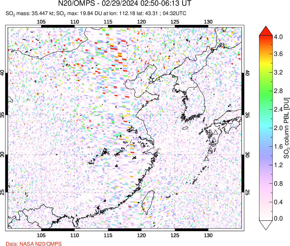 A sulfur dioxide image over Eastern China on Feb 29, 2024.