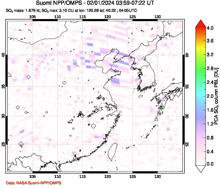 A sulfur dioxide image over Eastern China on Feb 01, 2024.