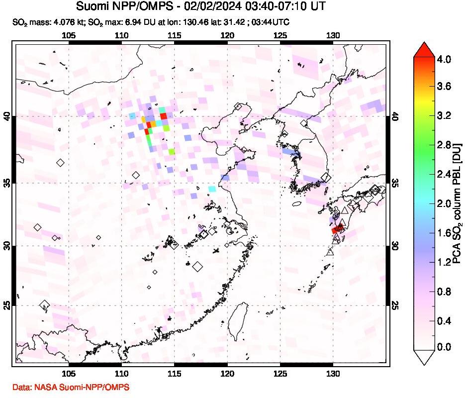 A sulfur dioxide image over Eastern China on Feb 02, 2024.