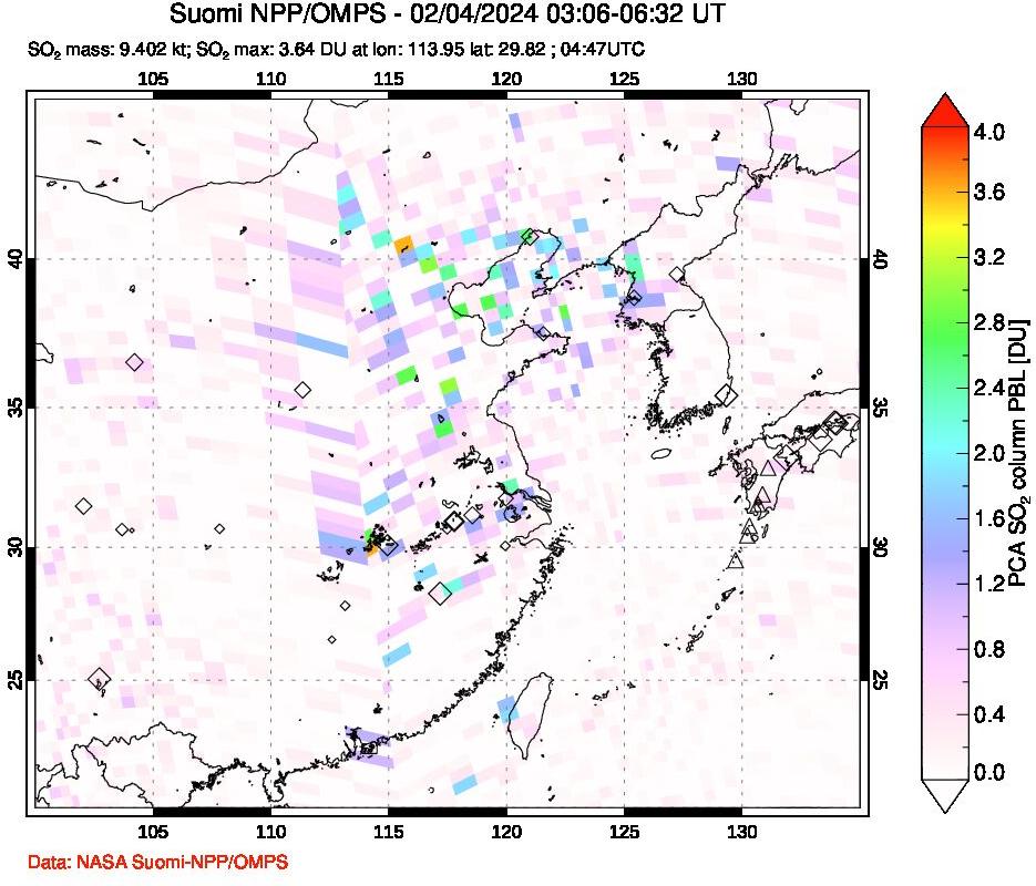 A sulfur dioxide image over Eastern China on Feb 04, 2024.