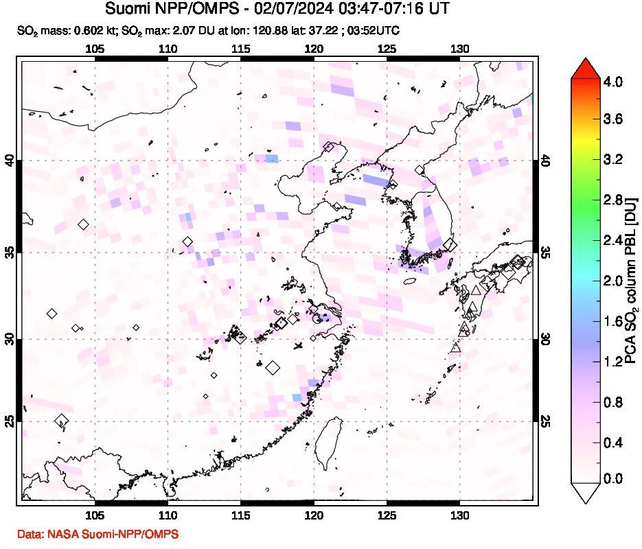 A sulfur dioxide image over Eastern China on Feb 07, 2024.