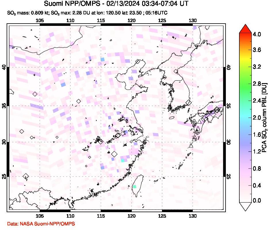 A sulfur dioxide image over Eastern China on Feb 13, 2024.