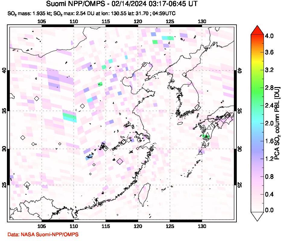 A sulfur dioxide image over Eastern China on Feb 14, 2024.